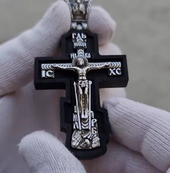 крест «распятие, покров божией матери, николай чудотворец», серебро 925 проба эбен (арт. кэ024э)