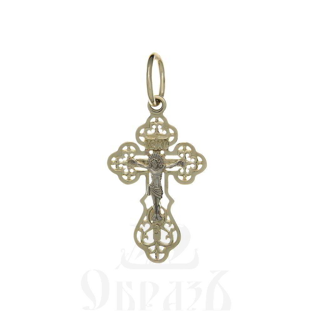 золотой крест трилистник с молитвой "спаси и сохрани", 585 проба желтого и белого цвета (арт. п10065-з5жб)